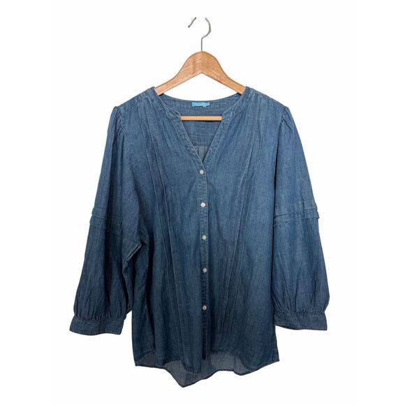 J. McLaughlin Laramie Linen Blend Chambray Balloon Sleeve Blouse Blue Size L - Picture 3 of 12